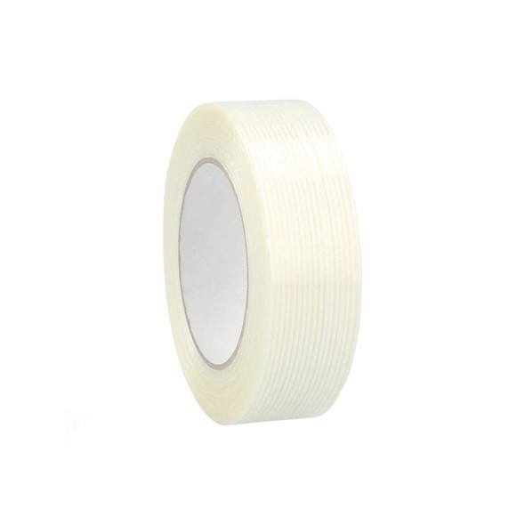 Angled view of 1-1/2 inch x 60 yard 4 mil filament strapping tape roll with reinforced fiberglass strands