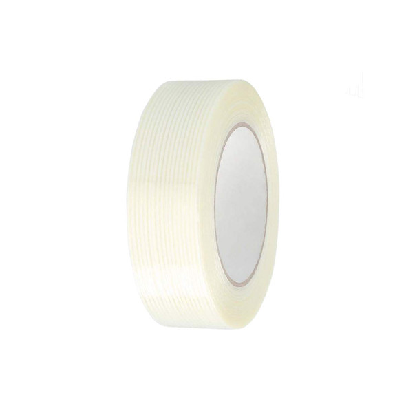 Opposite angled view of 1-1/2 inch wide filament strapping tape showing reinforced fiberglass filaments and cardboard core