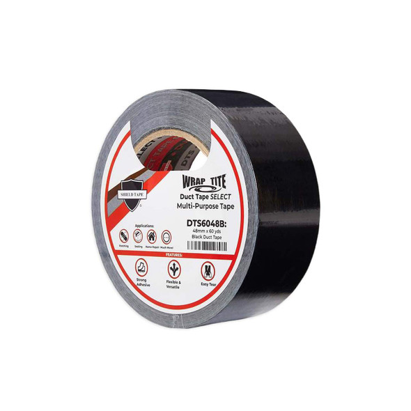 Select Grade Duct Tape, Black, 2" x 60 yd, angled view with Wrap Tite product label