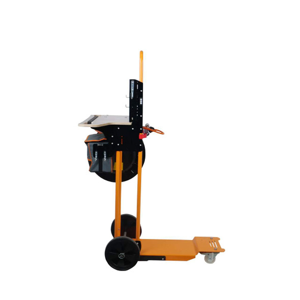 Side view of 932+ gas bottle trolley with hose reel, work shelf and storage pouch