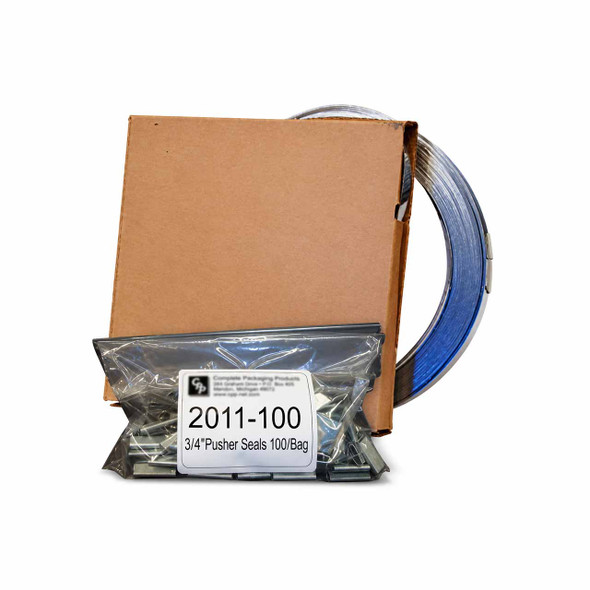 Portable steel strapping carton pack with coil and bag of 100 pusher seals