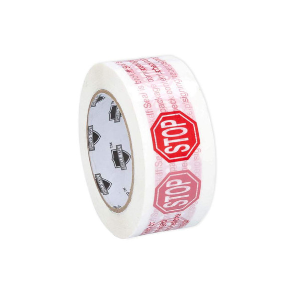 Angled view of 72mm x 100m white printed carton sealing tape with red STOP signs and security warning message