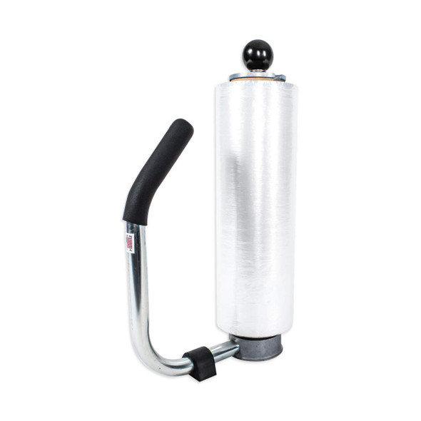 Angled view of the EP-820 Steel Pistol Grip Hand Stretch Film Dispenser with stretch film roll installed