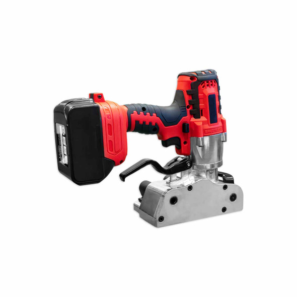 Encore EP-1325 cordless battery-powered strapping tensioner featuring a red and black ergonomic handle, rechargeable lithium-ion battery, and heavy-duty silver metal tensioning base