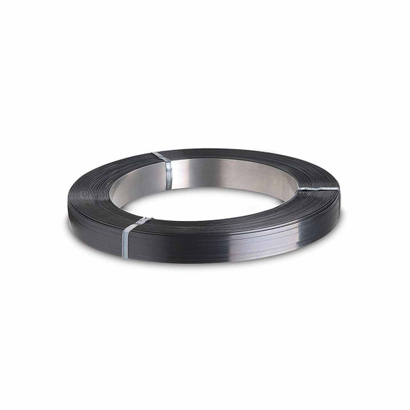 Cold rolled steel strapping coil lying flat on white background