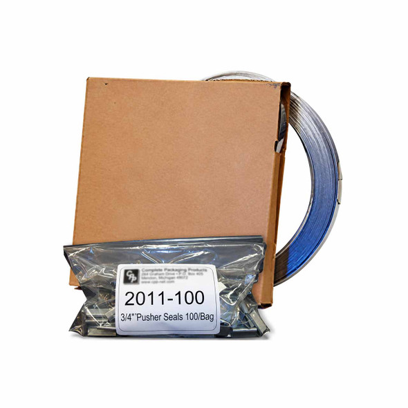 Portable steel strapping carton pack with coil and bag of 100 pusher seals