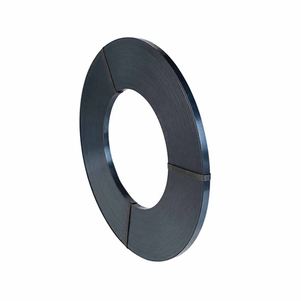 Coil of high tensile ribbon wound steel strapping on white background