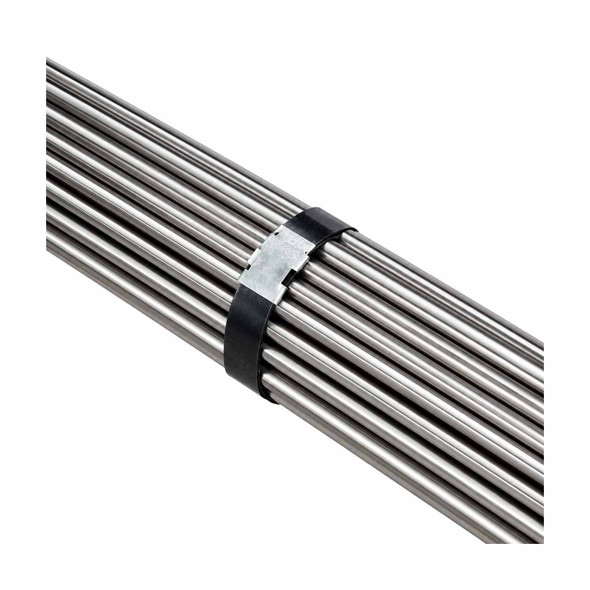 High tensile ribbon wound steel strapping securing a bundle of metal rods with a metal seal