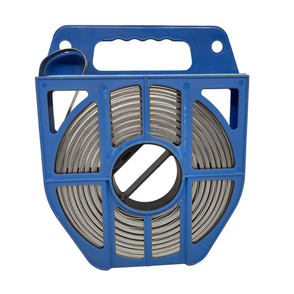 Front view of stainless steel strapping coil in a blue portable dispensing tote with a carrying handle