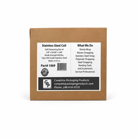Front view of Type 304 stainless steel strapping in self-dispensing cardboard box