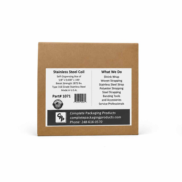Front view of Complete Packaging Products Type 316 stainless steel strapping