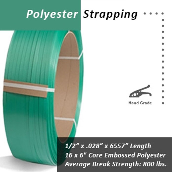 Fromm 1/2" x .028" x 6560' Polyester Embossed Strapping $.015 per foot 16 x 6" Core - 1824FE Fromm 1/2" x .028" x 6560' Polyester Embossed Strapping $.015 per foot 16 x 6" Core - 1824FE