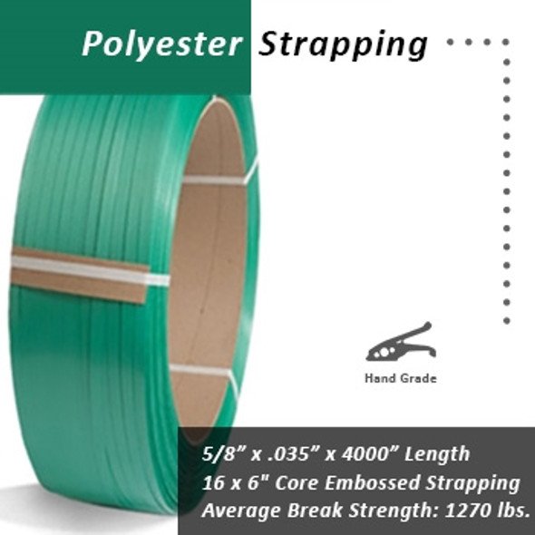 5/8" x .035" x 4000' CPP Embossed Polyester Strap 16 x 6" Core $.021 per foot 1828E 5/8" x .035" x 4000' CPP Embossed Polyester Strap 16 x 6" Core $.021 per foot 1828E