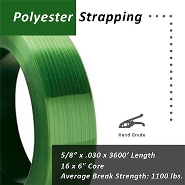 CPP 5/8" x .030" x 3600' ASTM Approved Polyester Strap $.024 per foot 16 x 6" Core-Waxed - 1829 CPP 5/8" x .030" x 3600' ASTM Approved Polyester Strap $.024 per foot 16 x 6" Core-Waxed - 1829