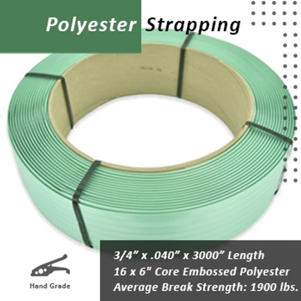 Signode 3/4" x .040" x 3000' Polyester Tenax Embossed Strapping $.028 per foot 16 x 6" Core - 1945E Signode 3/4" x .040" x 3000' Polyester Tenax Embossed Strapping $.028 per foot 16 x 6" Core - 1945E
