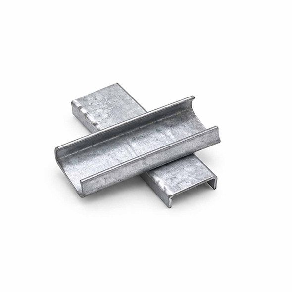 Two open steel strapping seals displaying top and channel views