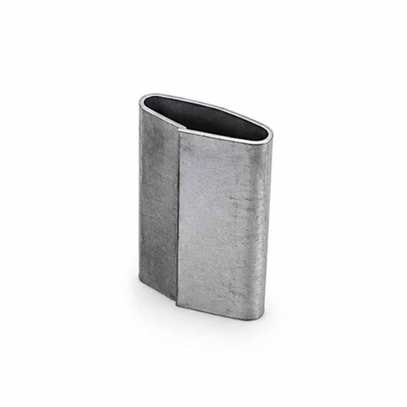 Single regular-duty closed steel strapping seal standing upright on a white background