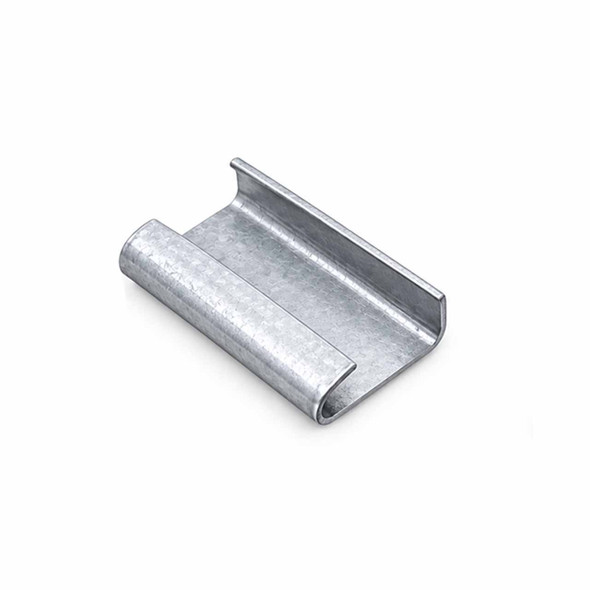 Angled view of 1-1/4" x 2-1/8" semi-open steel strapping seal showing rolled edges