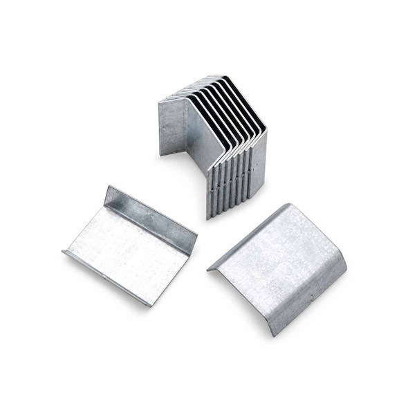 Magazine steel strapping seals shown stacked with individual seal profiles
