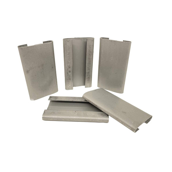 Thread-on steel strapping seals shown from multiple angles on a white background
