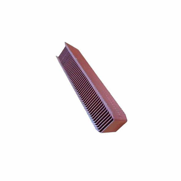 Collated magazine steel strapping seals arranged in a continuous strip, angled view