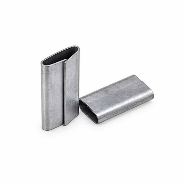 Two regular-duty closed steel strapping seals shown upright and flat to display the overlapping construction