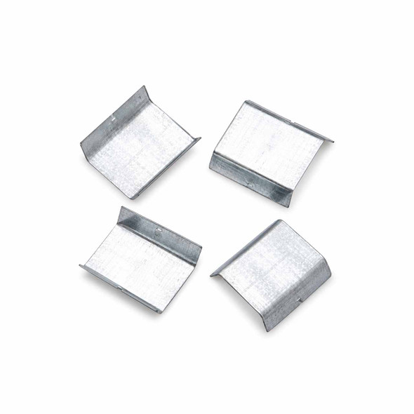 Individual galvanized magazine steel strapping seals shown from multiple angles