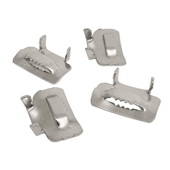 Stainless steel banding buckles showing front and back views of the locking design
