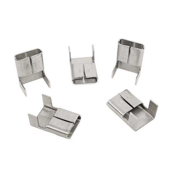 Five stainless steel strapping wing seals displayed from different angles, showing the metal locking tabs, rectangular openings, and folded seal construction