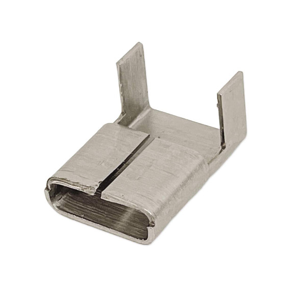 Close-up front angled view of a stainless steel strapping wing seal with two upright locking tabs and an open metal banding channel on a white background