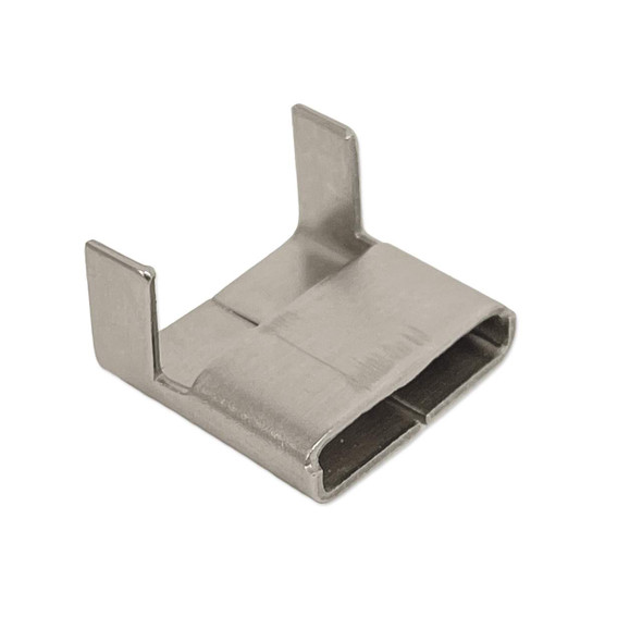 Close-up angled view of a stainless steel strapping wing seal featuring two upright locking tabs, a smooth metallic finish, and a rectangular channel for securing stainless steel banding