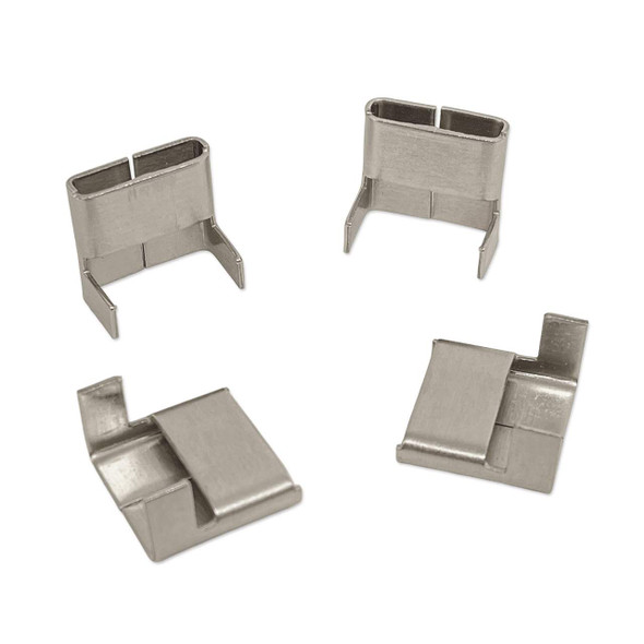 stainless steel strapping wing seals displayed from different angles, showing the metal locking tabs, rectangular openings, and folded seal construction