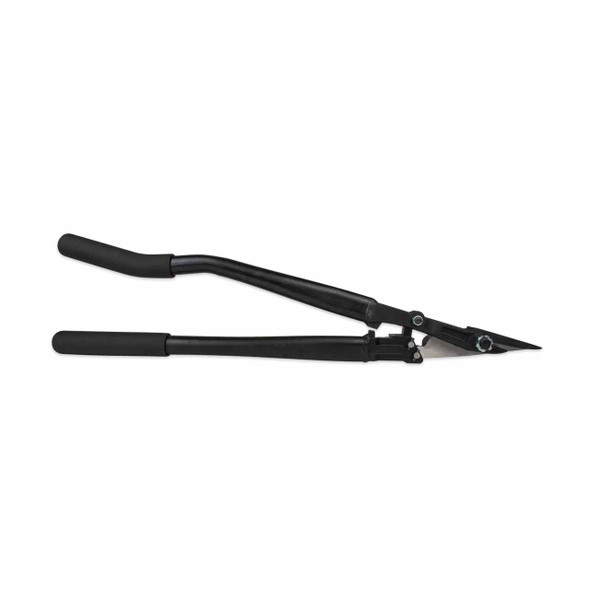 Encore EP-2500 industrial steel strapping cutter featuring a side profile of its angled upper handle, long leverage arms, black rubber grips, and open cutting jaws