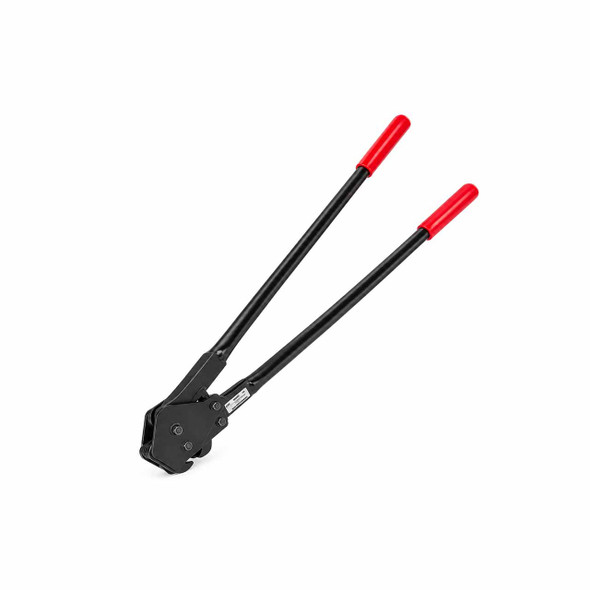 MIP-3100 heavy-duty side action steel banding sealer shown from a reverse angle with extended black steel handles, red grips, and double reverse notch sealing head