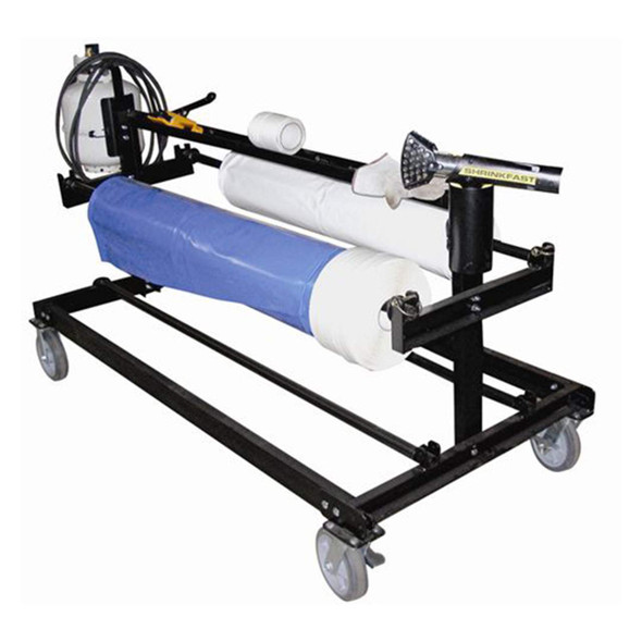DS-HDRACK Mobile Shrink Film Storage Rack with shrink wrap rolls, heat gun, hose, and caster wheels