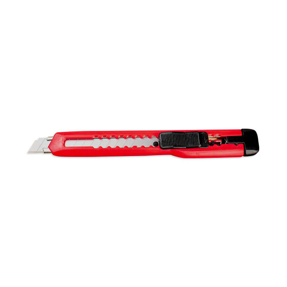 Side view of Encore EP-100 Retractable Snap-Off Utility Knife with extended blade and red plastic handle