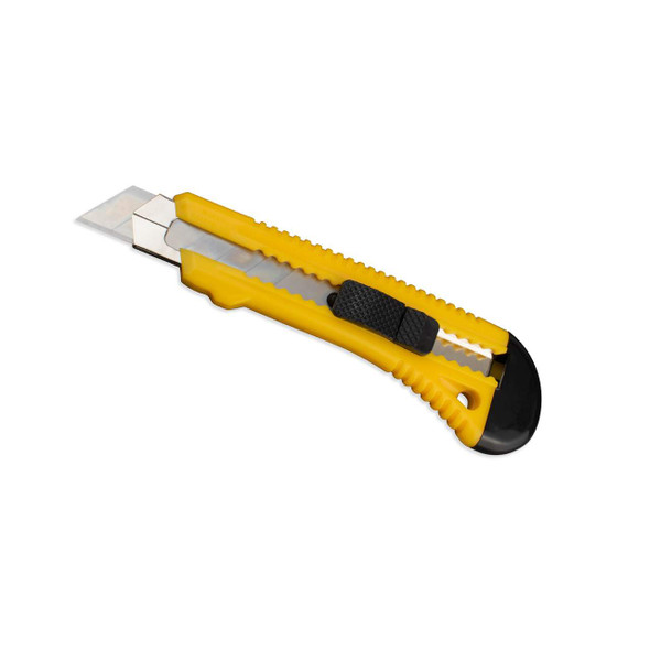 Angled view of Encore EP-110 Retractable Snap-Off Utility Knife showing yellow grip and extended snap-off blade