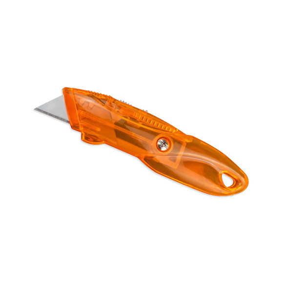 Angled view of Encore EP-120 Retractable Snap-Off Utility Knife showing orange handle and extended blade