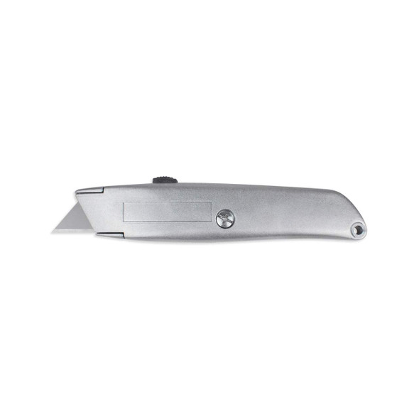 Side view of Encore EP-200 Heavy-Duty Retractable Metal Utility Knife with extended blade and silver metal body