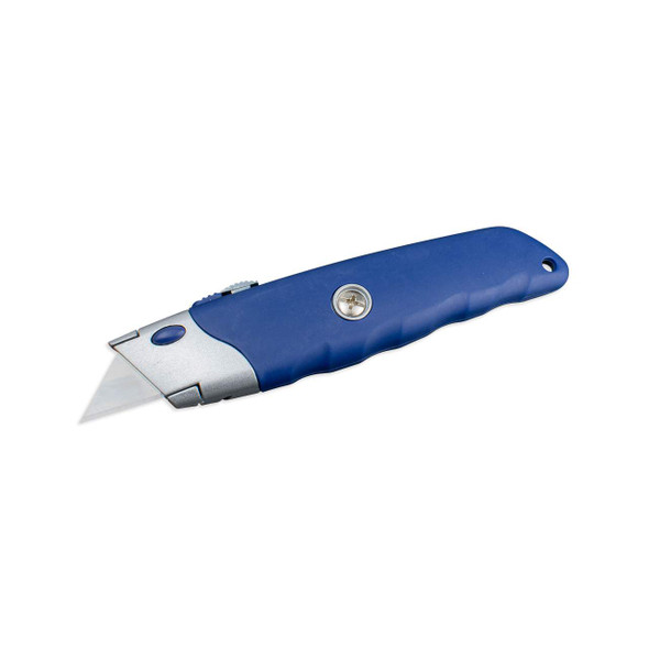 Close angled view of Encore EP-210 Retractable Utility Knife showing blue grip, metal blade housing, and extended blade