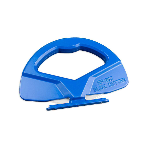 Angled front view of Encore EP-265 Aluminum Safety Slide Cutter showing blue handle and protected cutting blades