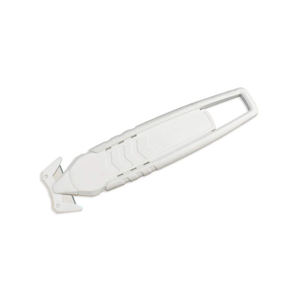 Angled view of Encore EP-214 T-Style Safety Cutter showing dual-blade cutting head and white handle
