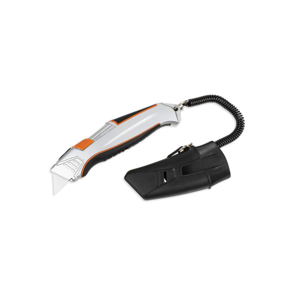 Encore EP-235 Self-Retracting Safety Utility Knife with belt clip, safety tether, and extended blade