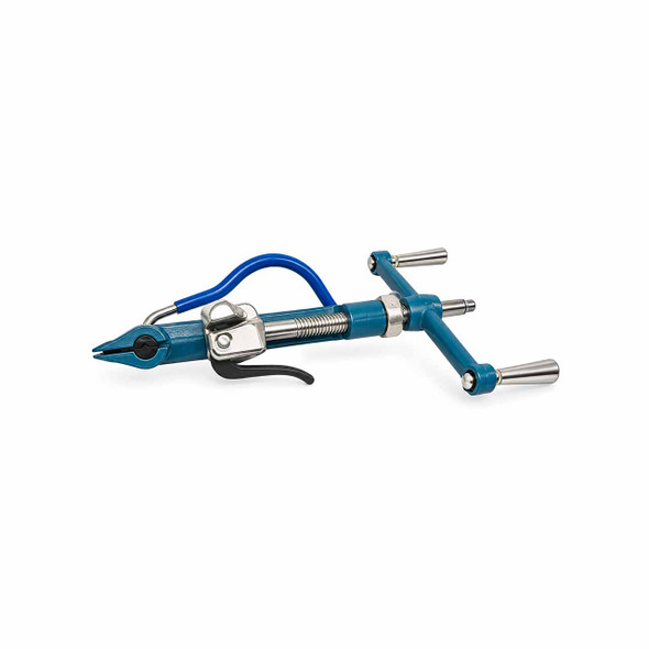 Blue manual stainless steel strapping tensioner featuring a threaded tensioning rod, T-handle crank, metal gripping jaws, and black release lever