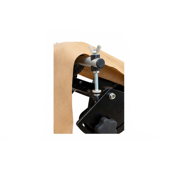 Close-up of EP-5955 Kraft Paper Crumpler paper feed adjustment and mounting mechanism