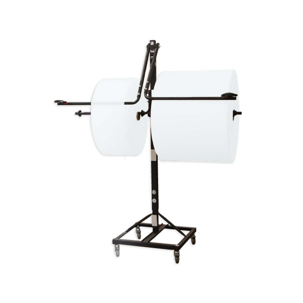 Angled view of Encore EP-6250D Mobile Floor Bubble Wrap and Foam Roll Dispenser with dual rolls and slide cutters