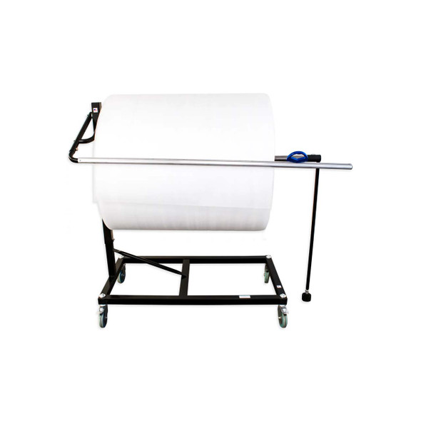 Front view of Encore EP-6450 Heavy-Duty Floor Bubble Wrap and Foam Roll Dispenser with foam roll and cutting bar