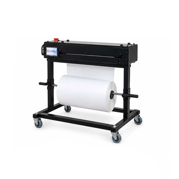 Rear angled view of EP-6485 Industrial Automatic Sheet Cutter with mounted packaging material roll