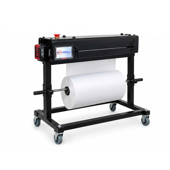 Angled view of EP-6485 Industrial Automatic Sheet Cutter feeding material from a large roll