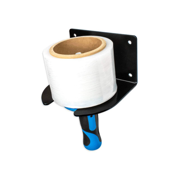 Encore EP-762 C-Clamp Holder securely holding a hand stretch film dispenser for convenient wall-mounted storage